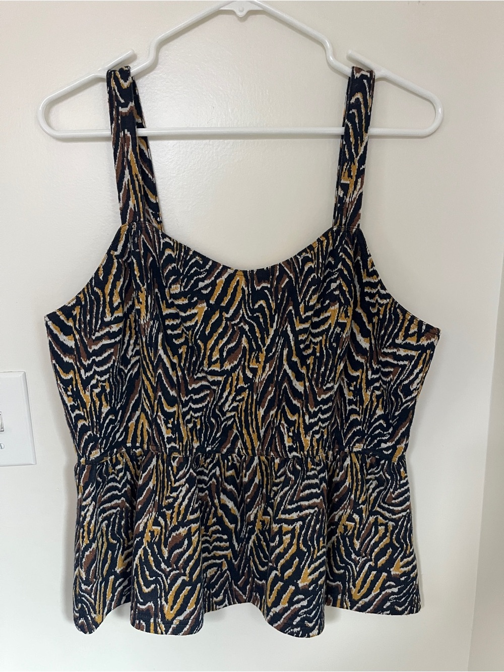 Anthropologie Navy, Mustard & Brown Abstract Zebra Print Peplum Tank